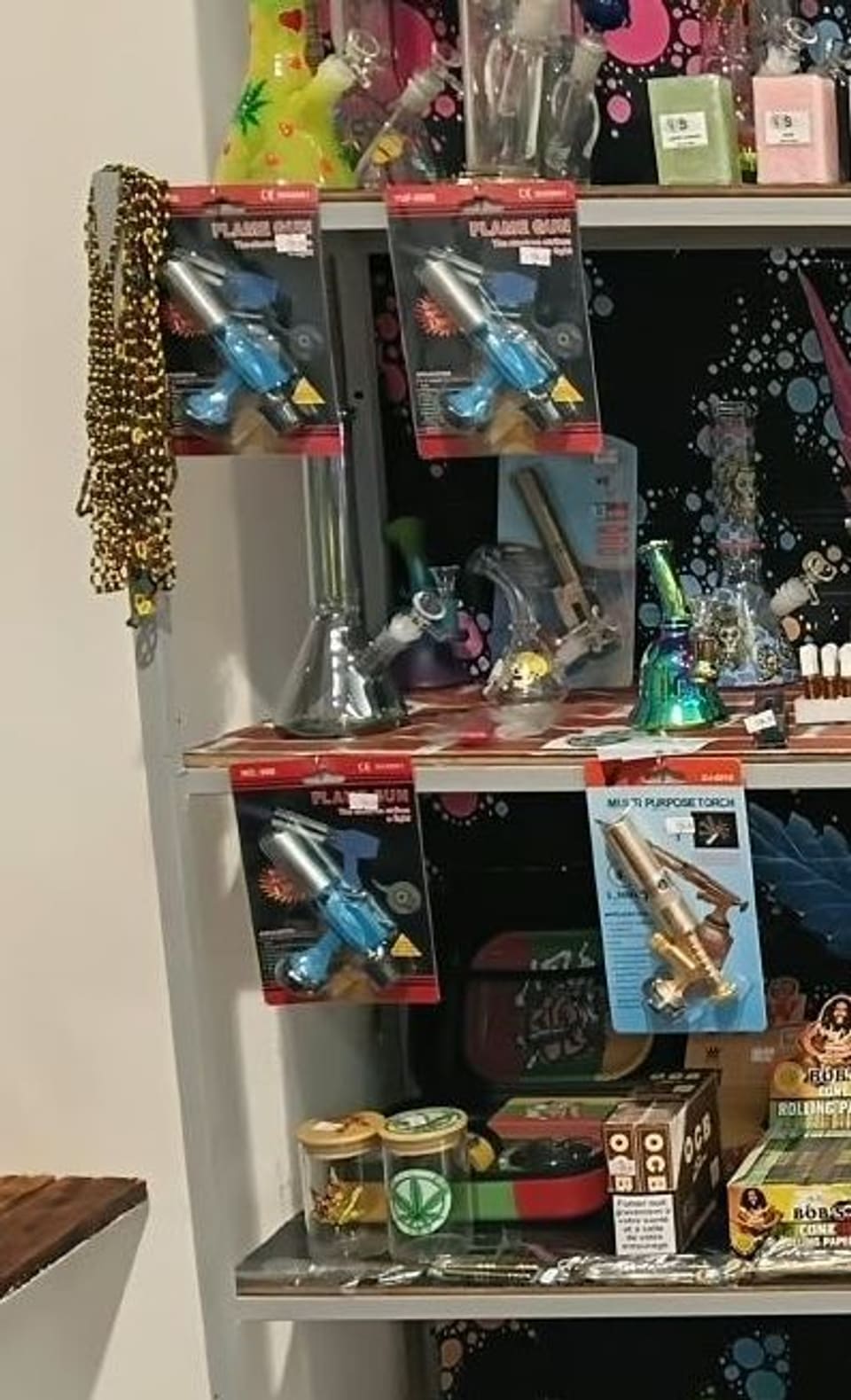 Refillable torches and hand pipes on the accessory shelf